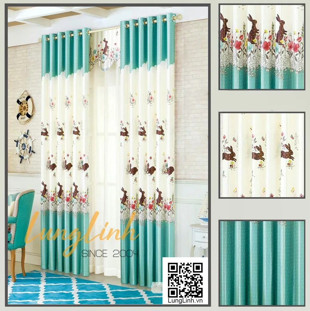 Mẫu rèm vải xanh trắng họa tiết thỏ và hoa, kèm ảnh cận cảnh vải