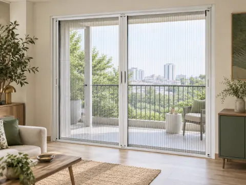 Ảnh phối cảnh Cửa lưới chống muỗi 2 cánh hệ cửa xếp màu trắng