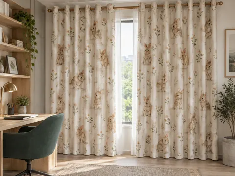 Ảnh phối cảnh Rèm vải 36138 họa tiết thỏ nâu sinh động